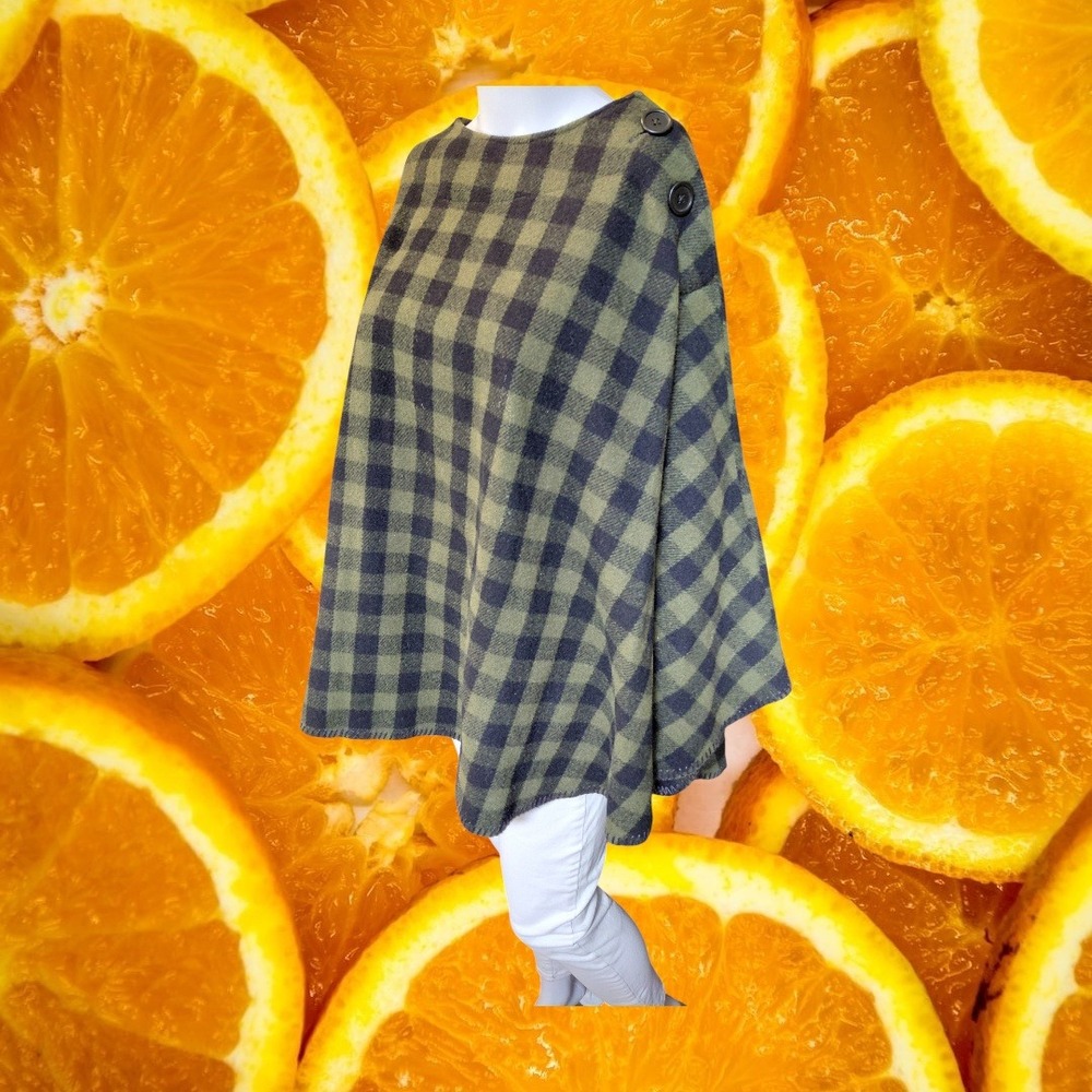 Stormy Kromer Green Buffalo Plaid Wool Blend Cape‎ Poncho Made in USA One Size